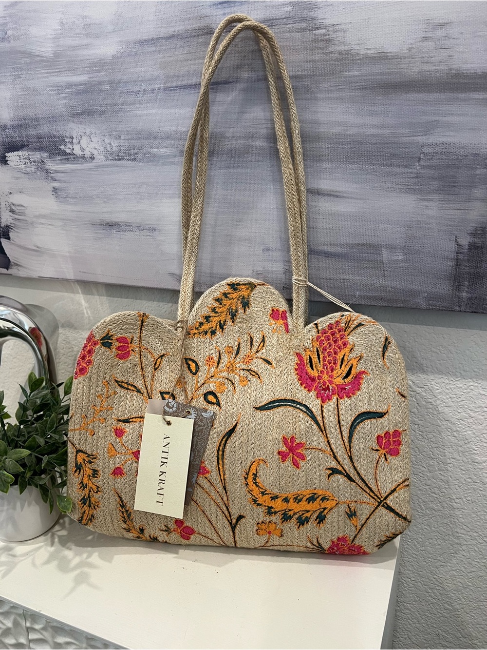 NWT Antik Kraft Beige Tote with Pink and Orange Floral Print